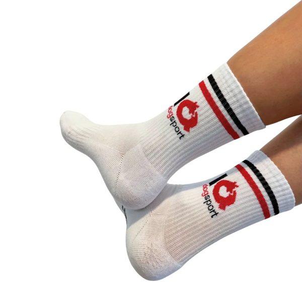 IQ Dogsport nogavice Logo v beli barvi z vpletenim črnim logotipom.